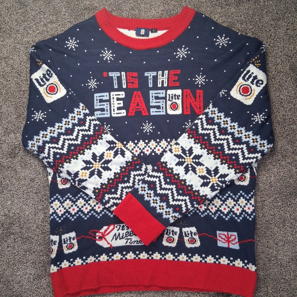 Miller Lite Ugly Christmas Sweater Mens XL Tis The Season Beer Fair Isle Navy